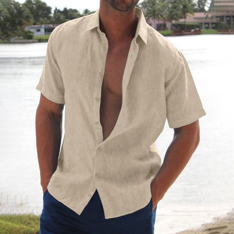 AliExpress Foreign Trade Mens Loose Linen Button Shirt Solid Color Casual Laps Short Sleeve Cardigan Mens Laps Outer Wear Army Green - Image 2