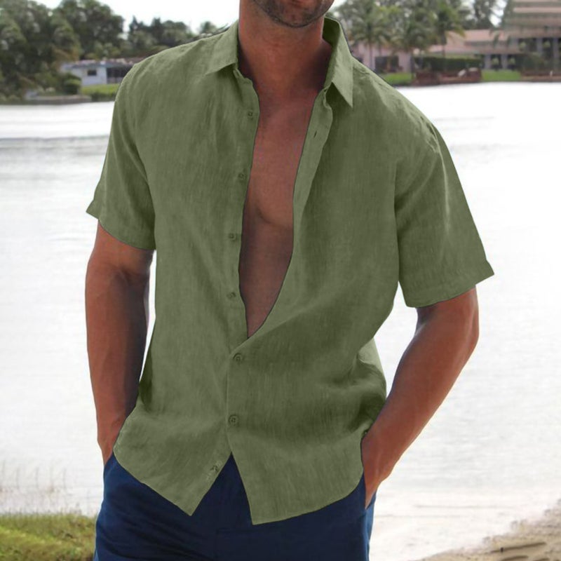 AliExpress Foreign Trade Mens Loose Linen Button Shirt Solid Color Casual Laps Short Sleeve Cardigan Mens Laps Outer Wear Army Green - Image 1