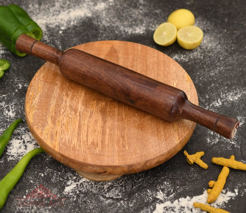 RJ kitchenware Store مجموعة أدوات المطبخ اليدوية من خشب الشيشام - لوح دحرجة خشبي من الورد الخالص، صانع روتي، صانع شباتي، لوح تشاكلا، مجموعة مكونة من أدوات المطبخ للمنزل - Image 1
