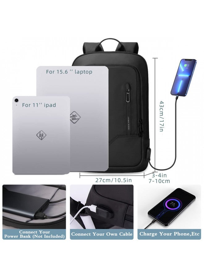 hk Backpack for Men Business Slim Backpack with USB Charger Computer Lightweight Anti-theft Travel Backpacks 15.6 inch Water Resistant Laptop Bag for Work Office College-Black