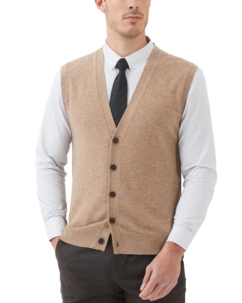 Kallspin Men's Sweater Vest Wool Blend V-Neck Button Sleeveless Cardigan Vest Sweater (Coffee, Medium) - Image 1