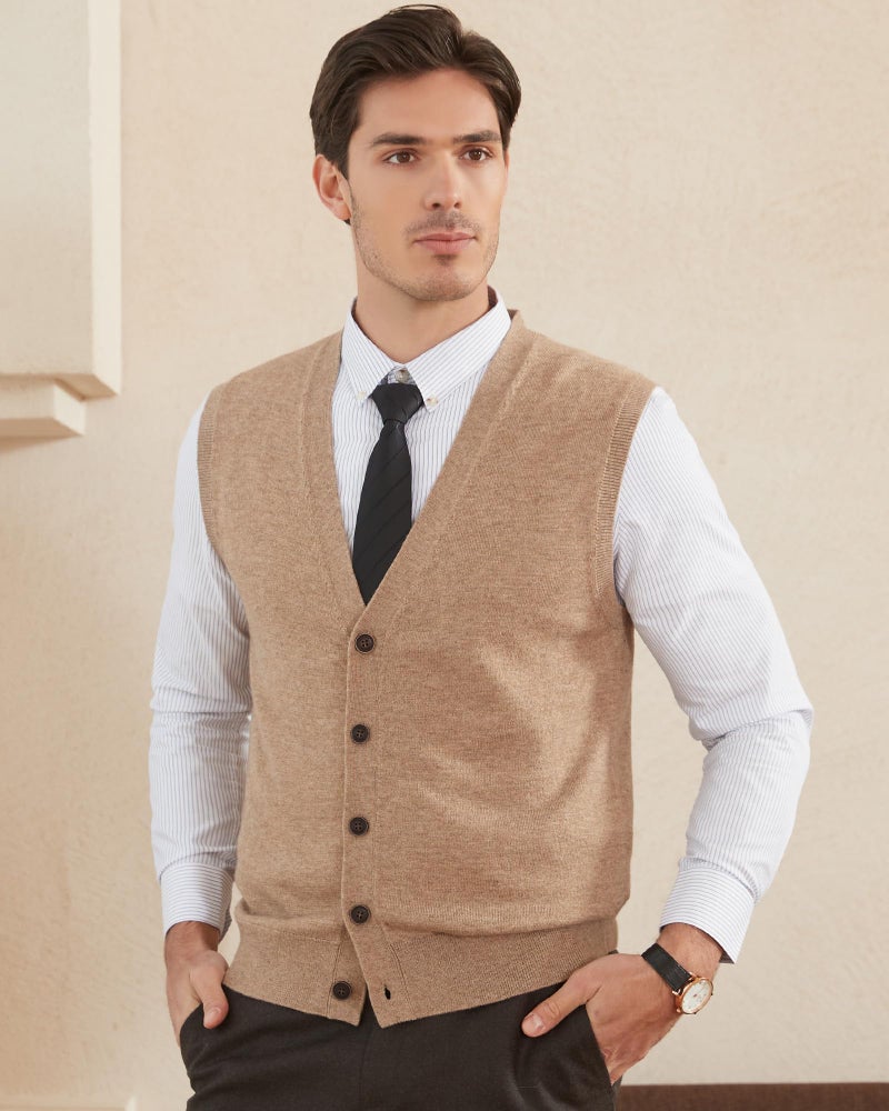 Kallspin Men's Sweater Vest Wool Blend V-Neck Button Sleeveless Cardigan Vest Sweater (Coffee, Medium) - Image 4
