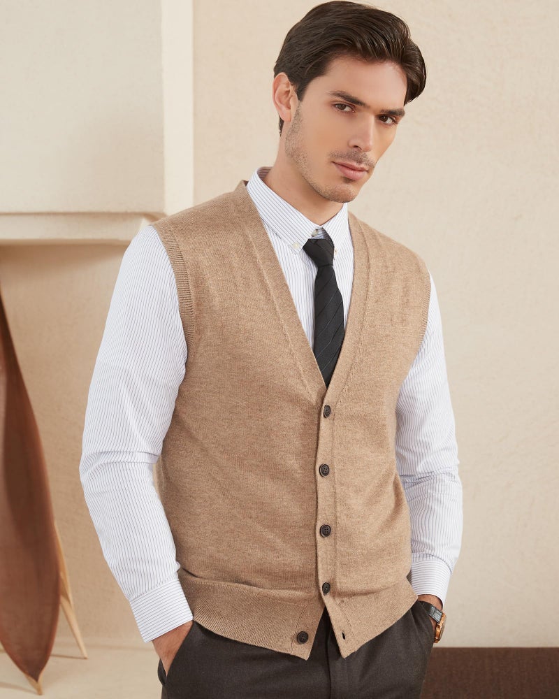 Kallspin Men's Sweater Vest Wool Blend V-Neck Button Sleeveless Cardigan Vest Sweater (Coffee, Medium) - Image 2