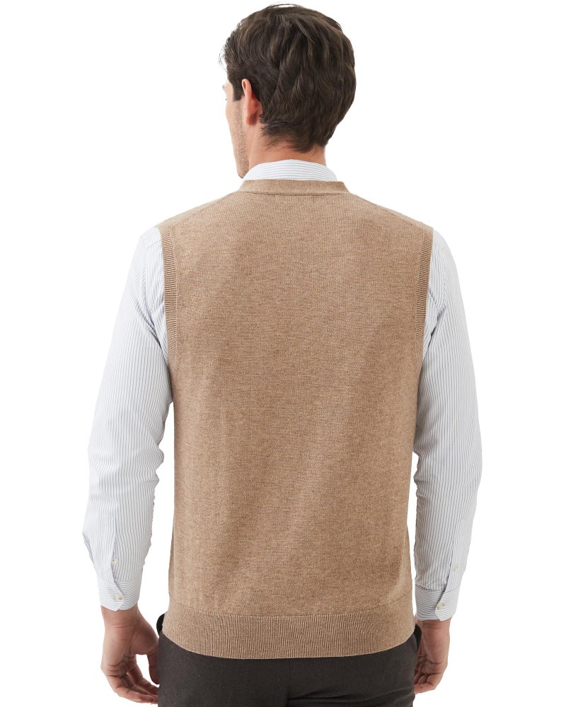 Kallspin Men's Sweater Vest Wool Blend V-Neck Button Sleeveless Cardigan Vest Sweater (Coffee, Medium) - Image 3