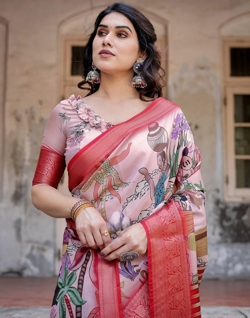 SIRIL Women's Tussar Silk Kalamkari Printed Saree With Unstitched Blouse Piece (4298S306_Light Beige & Red & Multi) - Image 3