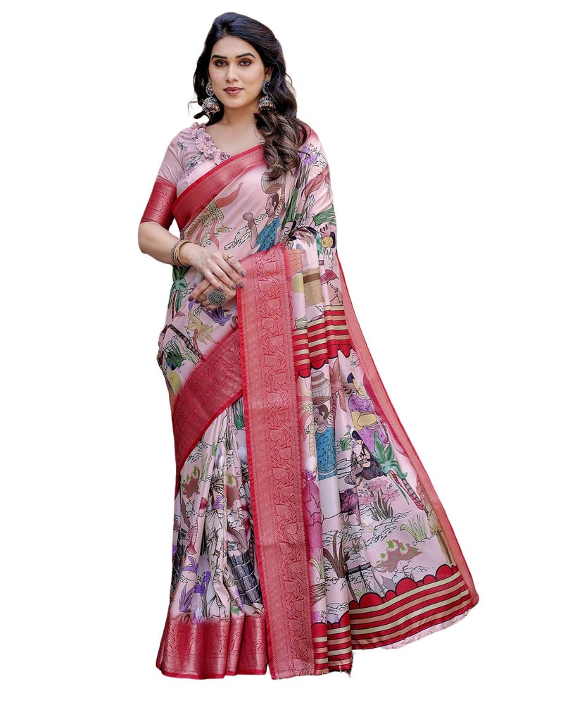 SIRIL Women's Tussar Silk Kalamkari Printed Saree With Unstitched Blouse Piece (4298S306_Light Beige & Red & Multi) - Image 1