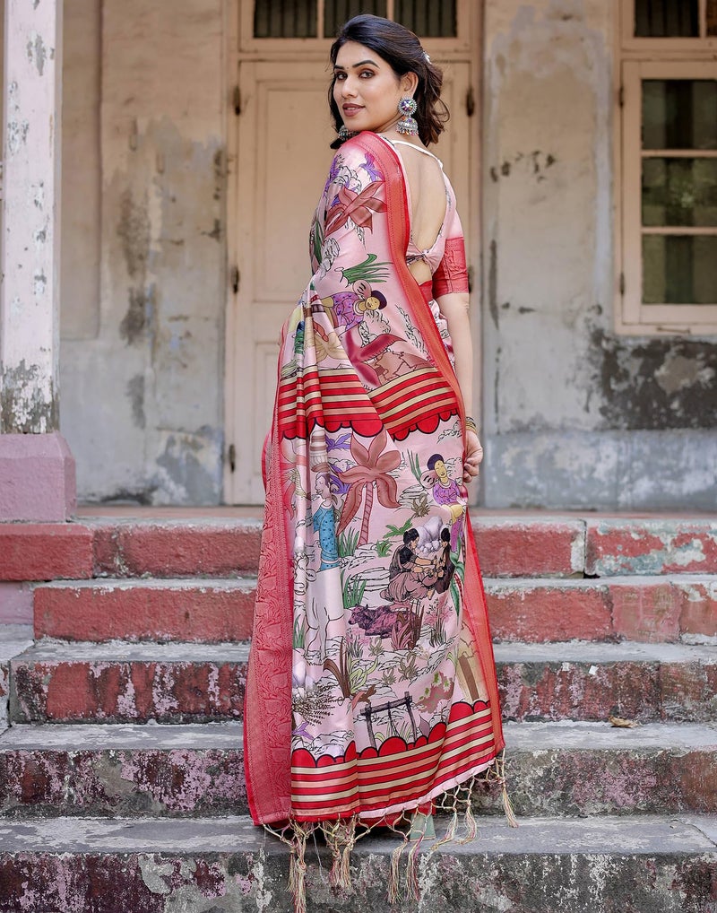 SIRIL Women's Tussar Silk Kalamkari Printed Saree With Unstitched Blouse Piece (4298S306_Light Beige & Red & Multi) - Image 2
