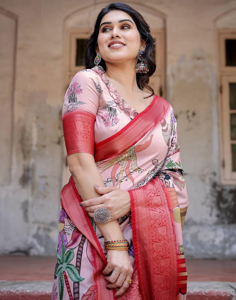 SIRIL Women's Tussar Silk Kalamkari Printed Saree With Unstitched Blouse Piece (4298S306_Light Beige & Red & Multi) - Image 4