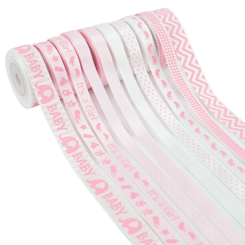 HUIHUANG Baby Pink Ribbon for Baby Shower Its Girl Pink Satin Ribbon Assorted Foot Print Elephant Pattern  5 Yards Each Total 50 Yards  Perfect for Gift Wrapping Crafts Diaper Cake Baby Shower