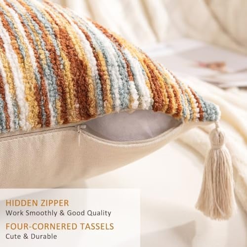 WANLIRD Boho Throw Pillow Covers 18x18 Set of 2 Woven Tufted Farmhouse Pillows Cover with Tassels Textured Striped Cushion Case Neutral Pillow Cases Decorative Pillowcase for Sofa Couch Bed,Rust - Image 3
