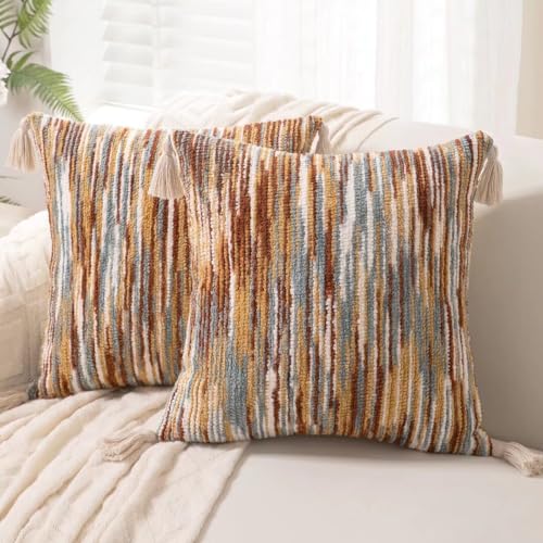 WANLIRD Boho Throw Pillow Covers 18x18 Set of 2 Woven Tufted Farmhouse Pillows Cover with Tassels Textured Striped Cushion Case Neutral Pillow Cases Decorative Pillowcase for Sofa Couch Bed,Rust - Image 1