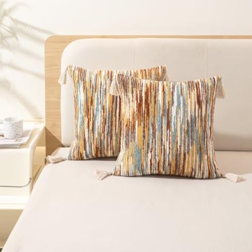 WANLIRD Boho Throw Pillow Covers 18x18 Set of 2 Woven Tufted Farmhouse Pillows Cover with Tassels Textured Striped Cushion Case Neutral Pillow Cases Decorative Pillowcase for Sofa Couch Bed,Rust - Image 5