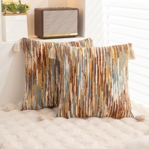 WANLIRD Boho Throw Pillow Covers 18x18 Set of 2 Woven Tufted Farmhouse Pillows Cover with Tassels Textured Striped Cushion Case Neutral Pillow Cases Decorative Pillowcase for Sofa Couch Bed,Rust - Image 4