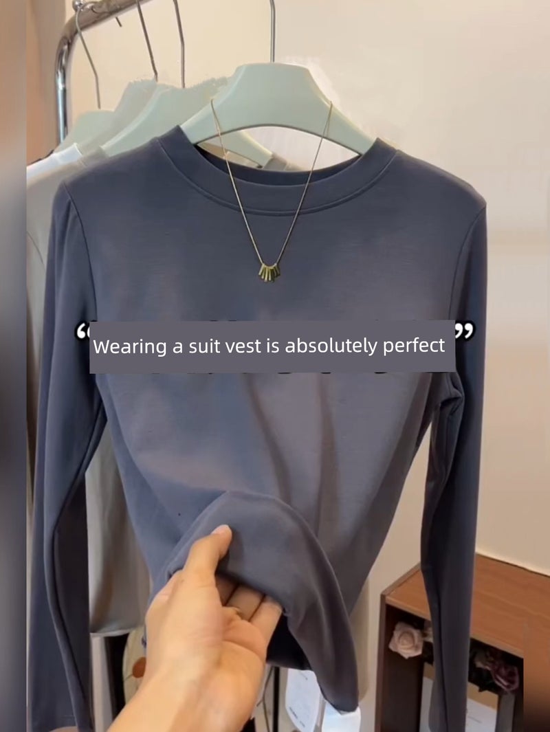 High-quality solid color round-neck long-sleeved base shirt, women's simple and versatile top, slimming temperament, elastic inner T-shirt, trendy - Image 3