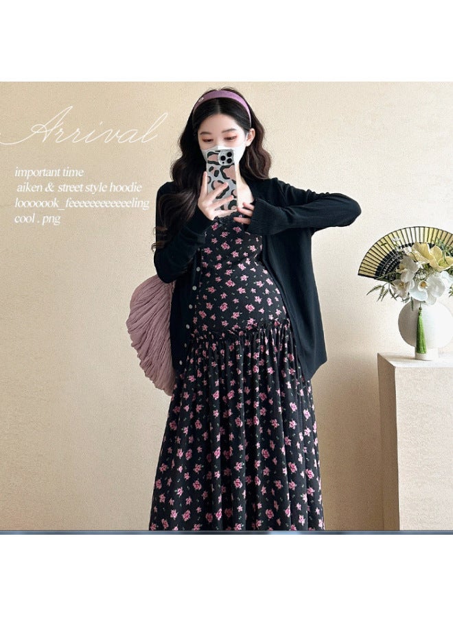 Pregnant Women Suit  Spring And Summer New Fashion Internet Celebrity Floral Sling Dress Small Cardigan Elegant Outer Wear 