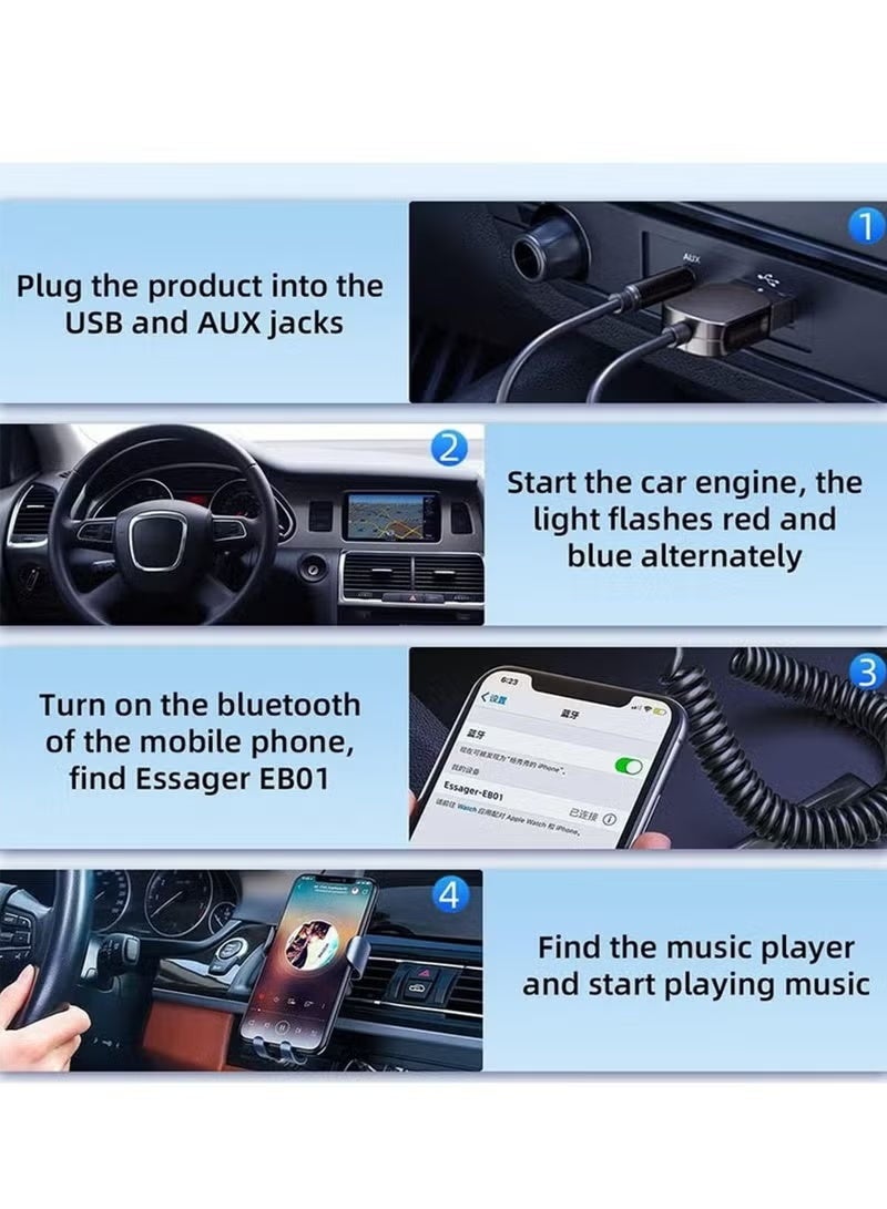 ESSAGER Aux Bluetooth Adapter for Car, Noise Cancelling Bluetooth 5.0 Receiver,Lossless Music USB to 3.5mm Jack Audio Adapter with Built-in Microphone for Car Kits/Home Stereo/Handsfree Call Speaker - Image 4