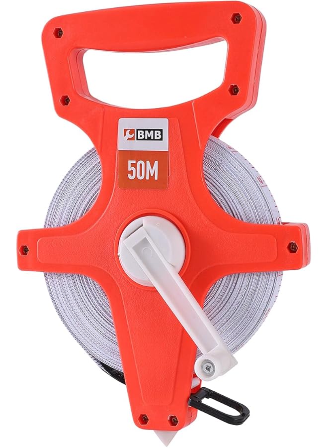 بي إم بي تولز شريط قياس من الألياف الزجاجية بطول 50 مترًا وكسور مسافات طويلة ومقاييس مترية، شريط قياس المسار والميدان المتميز للمقاولين ومنسقي الحدائق والبناء ومساح الأراضي - Image 1