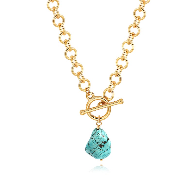 PEARLADA Natural Turquoise Stone Pendant Necklace, Chunky 18k Gold Plated Toggle Necklace, Statement Turquoise Jewelry for Women - Image 1