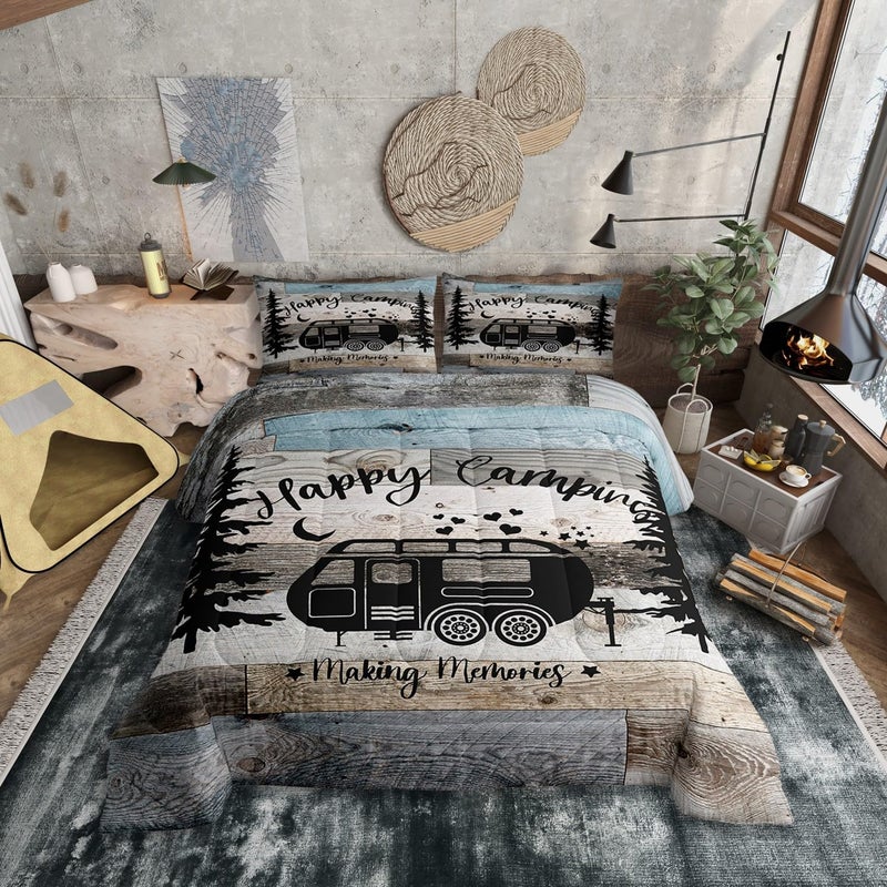 Erosebridal Rustic Farmhouse Style Comforter 3 Pieces Happy Camping Duvet Insert for Boys Kids Teens Camper BeddingBlack Sketch Drawing Bedding Comforters Vintage Old Barn Door Inner Fill Queen Size 