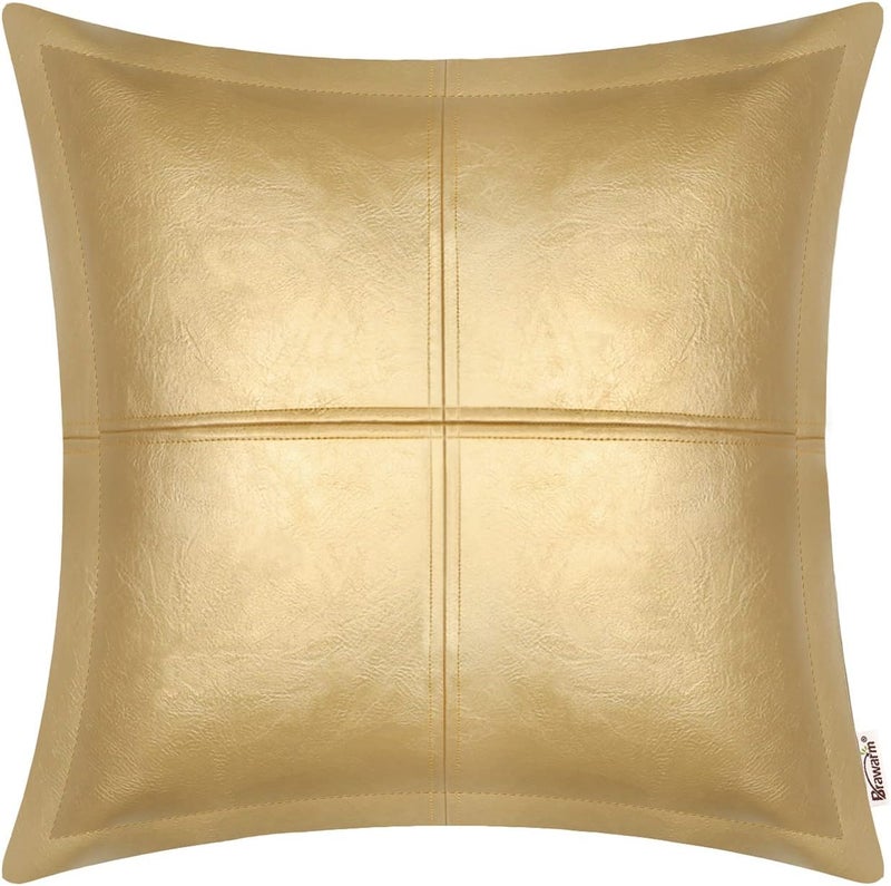 BRAWARM Gold Leather Throw Pillow 16 X 16 Inches, Faux Leather Pillow Cover with Piping, Hand Stitched Leather Decorative Throw Pillow Covers for Couch Sofa Bed Living Room Garden - Image 1