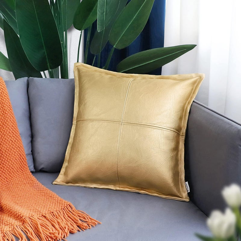 BRAWARM Gold Leather Throw Pillow 16 X 16 Inches, Faux Leather Pillow Cover with Piping, Hand Stitched Leather Decorative Throw Pillow Covers for Couch Sofa Bed Living Room Garden - Image 2