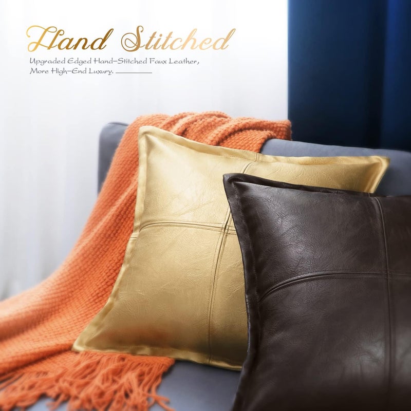 BRAWARM Gold Leather Throw Pillow 16 X 16 Inches, Faux Leather Pillow Cover with Piping, Hand Stitched Leather Decorative Throw Pillow Covers for Couch Sofa Bed Living Room Garden - Image 4