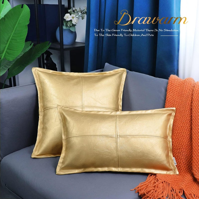 BRAWARM Gold Leather Throw Pillow 16 X 16 Inches, Faux Leather Pillow Cover with Piping, Hand Stitched Leather Decorative Throw Pillow Covers for Couch Sofa Bed Living Room Garden - Image 5