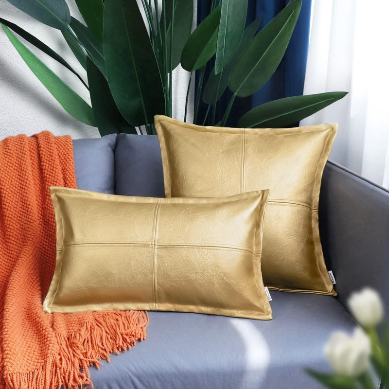BRAWARM Gold Leather Throw Pillow 16 X 16 Inches, Faux Leather Pillow Cover with Piping, Hand Stitched Leather Decorative Throw Pillow Covers for Couch Sofa Bed Living Room Garden - Image 3