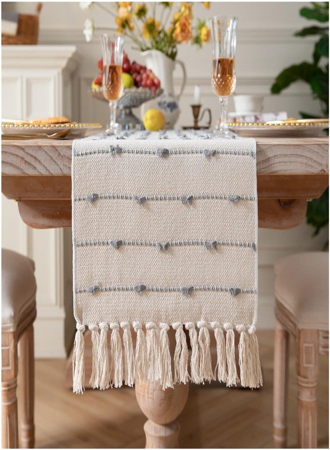 Caflife Boho Table Runner 72 Inchs Long for Modern Farmhouse Room Home Decor, Grey and Beige Coffee Table Runner, Natural Cotton Woven with Tassels Neutral, for Kitchen Dining Table Decor - Image 1