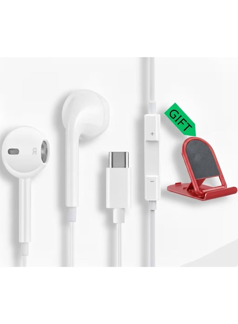 سماعات أذن ستيريو سلكية بمنفذ USB-C مع ميكروفون وصوت جهير عميق وصوت عالي الدقة. سماعات رأس من النوع C - متوافقة مع iPhone 15/16/17 وSamsung S21/S25 وA55وA16 وHuawei ومعظم الأجهزة من النوع C + حامل هاتف مكتبي قابل للطي - Image 1