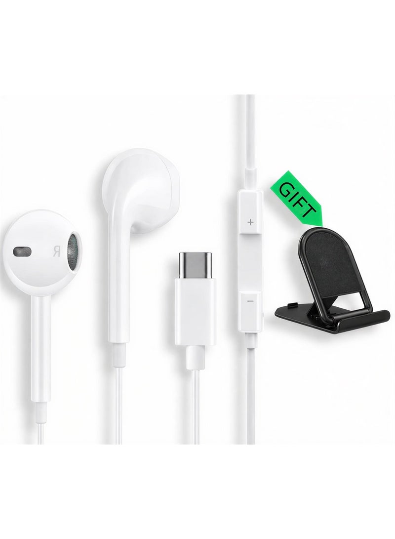 سماعات أذن سلكية USB-C مع ميكروفون وصوت ستيريو - سماعات رأس من النوع C متوافقة مع Samsung S25/S24 Ultra و A55 و iPhone 15/16/17 و Huawei وغيرها من أجهزة USB-C - صوت ستيريو جهير عميق + حامل هاتف قابل للطي مجاني - Image 1