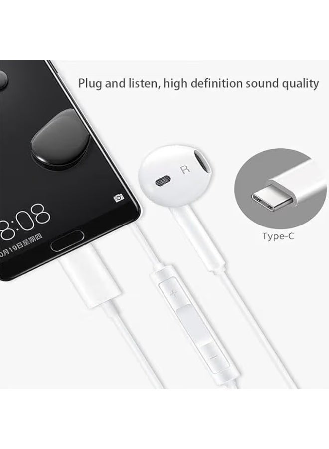 سماعات أذن سلكية USB-C مع ميكروفون وصوت ستيريو - سماعات رأس من النوع C متوافقة مع Samsung S25/S24 Ultra و A55 و iPhone 15/16/17 و Huawei وغيرها من أجهزة USB-C - صوت ستيريو جهير عميق + حامل هاتف قابل للطي مجاني - Image 2
