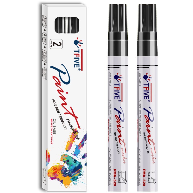 TFIVE Black Permanent Paint Marker Pens - 2 Count Oil Based Marker Pen, Medium Tip, Waterproof & Quick Dry, for Office, Art projects, Rock Painting, Ceramic, Glass, Wood, Plastic, Metal, Canvas - Image 1