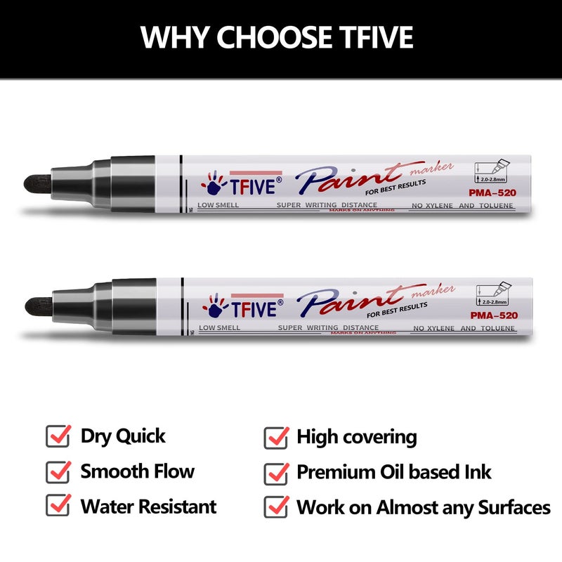 TFIVE Black Permanent Paint Marker Pens - 2 Count Oil Based Marker Pen, Medium Tip, Waterproof & Quick Dry, for Office, Art projects, Rock Painting, Ceramic, Glass, Wood, Plastic, Metal, Canvas - Image 2