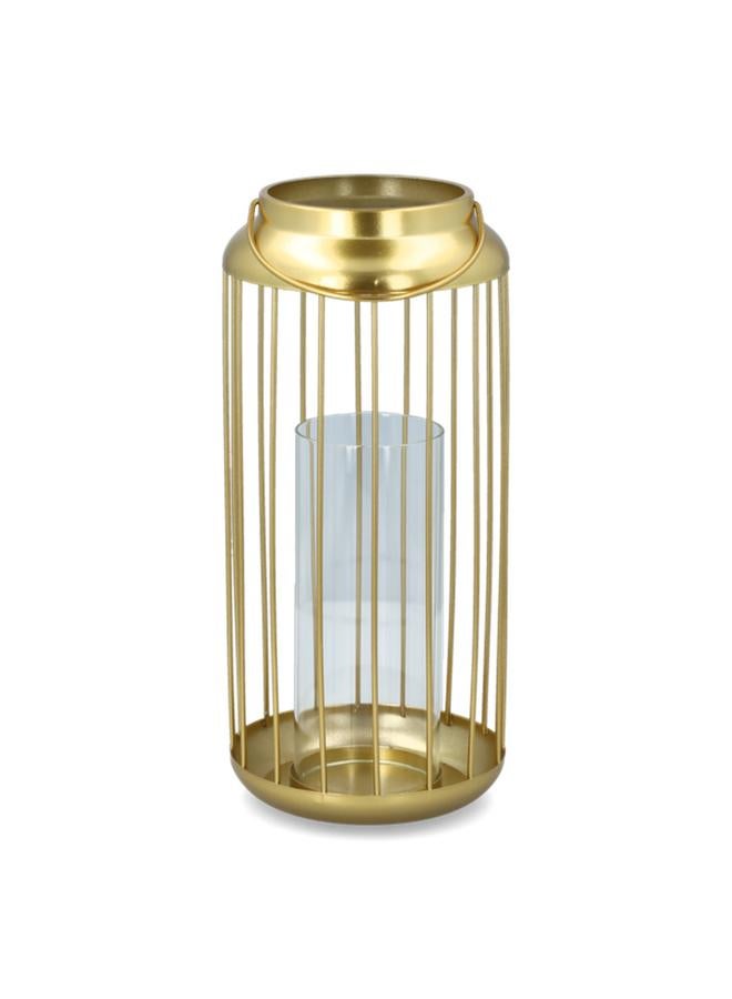 serene Traditional Sturdy Flat Base Decorative Metal Elegant Lantern with Glass Cylinder Gold - Image 1
