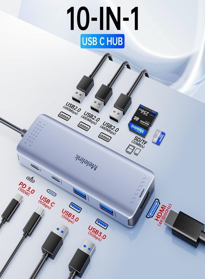 Melelink USB C Hub Multiport Adapter for MacBook Pro/Air, 10 in 1 USB C Dongle Mac HDMI Adapter, USBC Dock Compatible for iPad Pro, iMac, Dell, HP, Lenovo (4K@60Hz HDMI,SD/TF Card Reader,100W PD, 6 USB Ports) - Image 2
