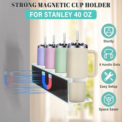Linidcoud Magnetic Cup Holder for Fridge,8 Cups Water Bottle Organizer for Stanley 30 40 oz with Tumbler Lid Organizer,High Capacity Heavy Duty Kitchen Storage Rack Accessories - Image 3