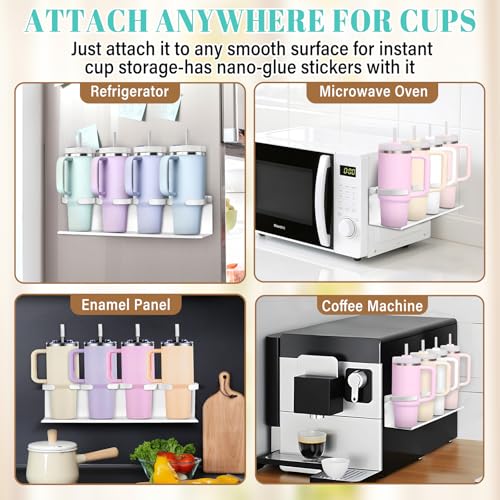 Linidcoud Magnetic Cup Holder for Fridge,8 Cups Water Bottle Organizer for Stanley 30 40 oz with Tumbler Lid Organizer,High Capacity Heavy Duty Kitchen Storage Rack Accessories - Image 2