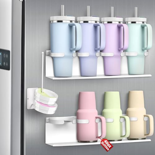 Linidcoud Magnetic Cup Holder for Fridge,8 Cups Water Bottle Organizer for Stanley 30 40 oz with Tumbler Lid Organizer,High Capacity Heavy Duty Kitchen Storage Rack Accessories - Image 1