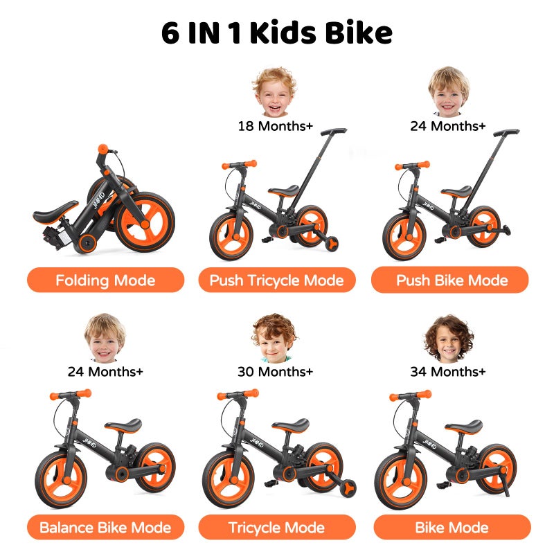 JMMD 6 in 1 Toddler Bike with Push Handle for Kids 18-60 Months, 12" Foldable Balance Bike with Training Wheels, Pedals, Brakes, Kickstand, Push Tricycle Toddler Gift & Toys for Boy & Girl - Image 2