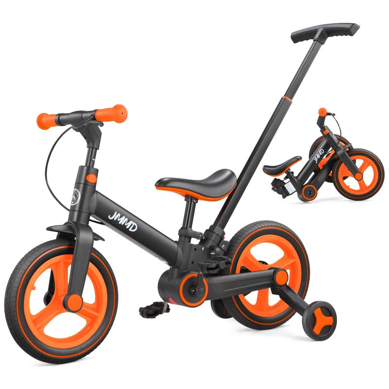 JMMD 6 in 1 Toddler Bike with Push Handle for Kids 18-60 Months, 12" Foldable Balance Bike with Training Wheels, Pedals, Brakes, Kickstand, Push Tricycle Toddler Gift & Toys for Boy & Girl - Image 1