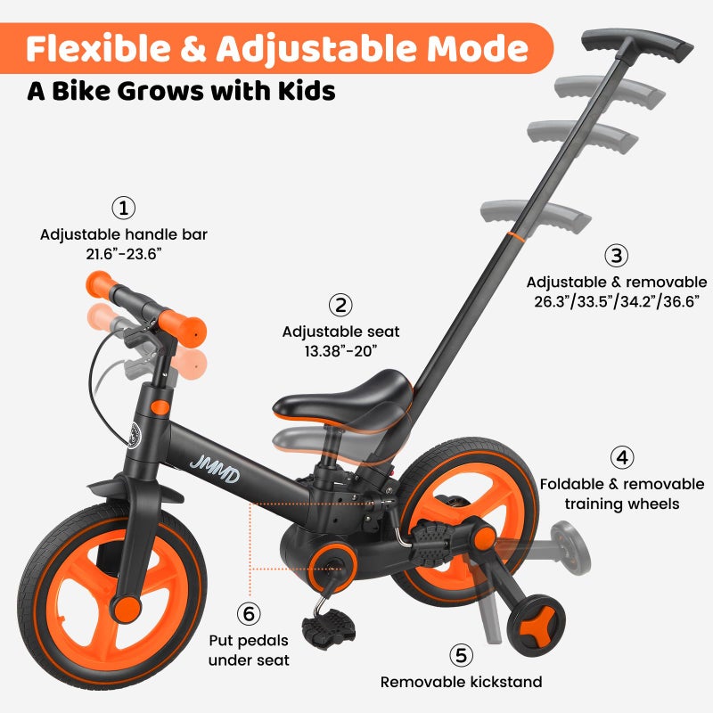 JMMD 6 in 1 Toddler Bike with Push Handle for Kids 18-60 Months, 12" Foldable Balance Bike with Training Wheels, Pedals, Brakes, Kickstand, Push Tricycle Toddler Gift & Toys for Boy & Girl - Image 4