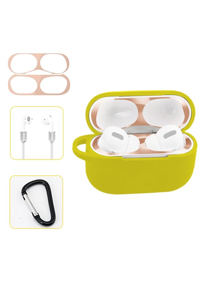 Case Cover For AirPods Pro Silicone Wireless Earphone Protective Case Storage Box with Hook & Anti-drop Rope Yellow+Blush Gold Inner Sticker