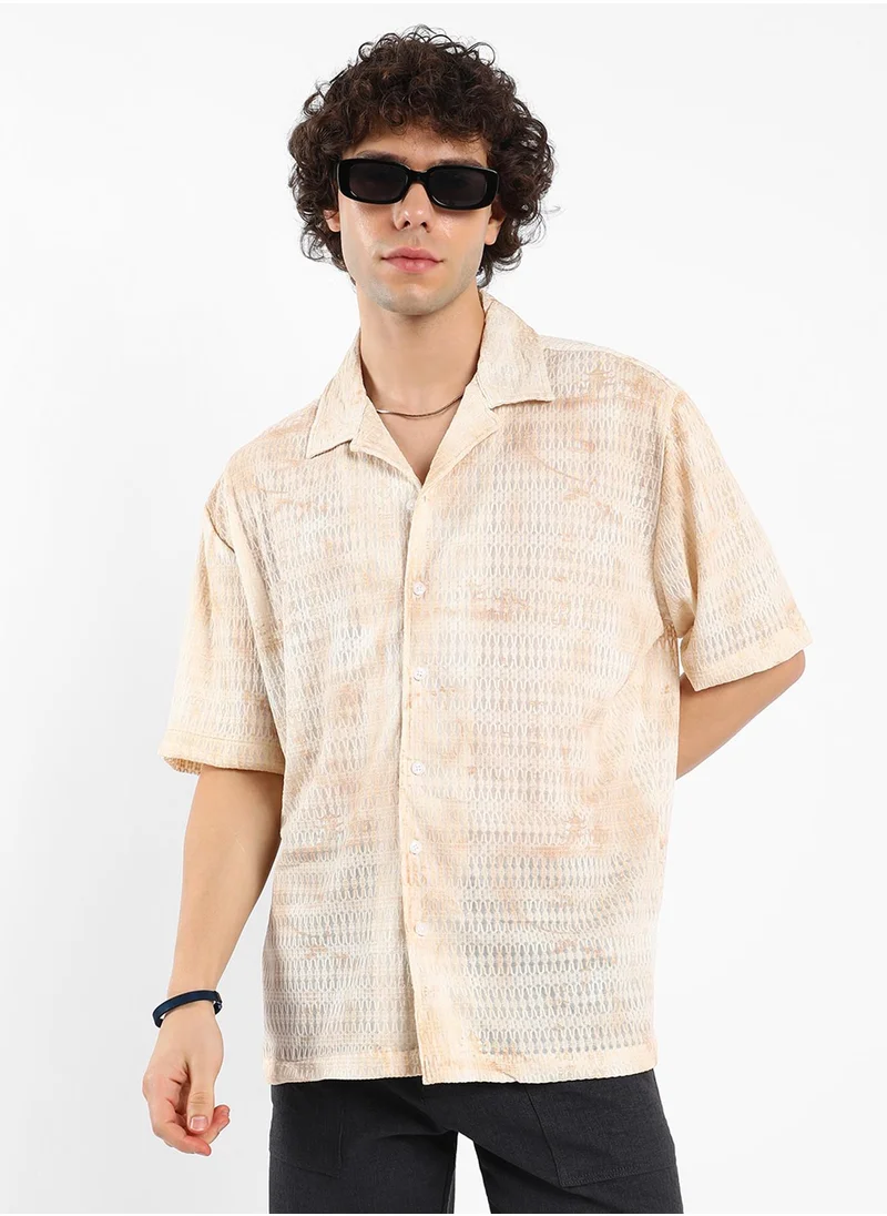 Campus Sutra Men's Tan Brown & Ivory White Faded Woven Oversized Shirt