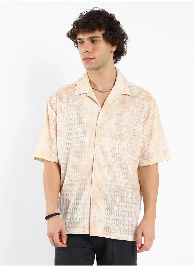 Campus Sutra Men's Tan Brown & Ivory White Faded Woven Oversized Shirt