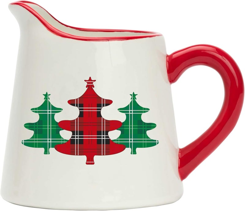 Amici Home Christmas Creamer Pitcher 8Ounce Ceramic Milk Cream Pitcher for Coffee Gravy Boat with Pour Spout for Sauce Plaid Xmas Tree Motif 5 x 3 White 7CM259 - Image 1