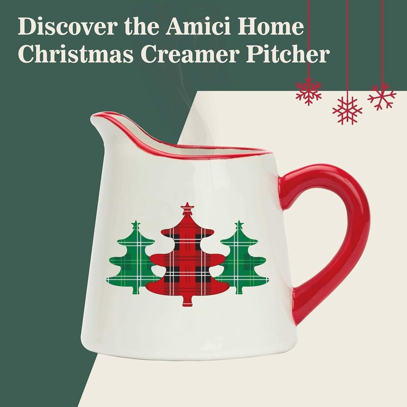 Amici Home Christmas Creamer Pitcher 8Ounce Ceramic Milk Cream Pitcher for Coffee Gravy Boat with Pour Spout for Sauce Plaid Xmas Tree Motif 5 x 3 White 7CM259 - Image 2