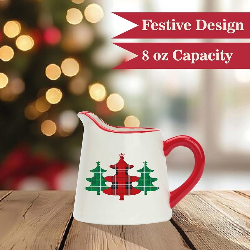 Amici Home Christmas Creamer Pitcher 8Ounce Ceramic Milk Cream Pitcher for Coffee Gravy Boat with Pour Spout for Sauce Plaid Xmas Tree Motif 5 x 3 White 7CM259 - Image 5