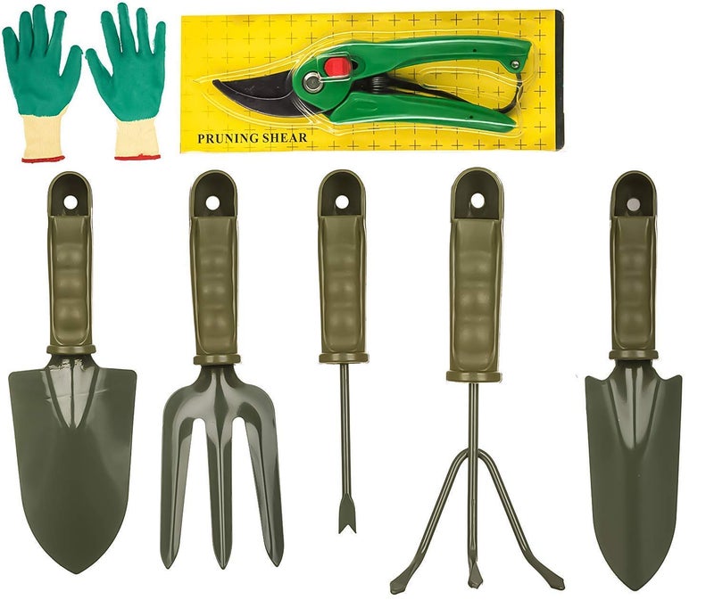Bulfyss 7 Pieces Gardening Tools - Seed Handheld Shovel Rake Spade Trowel with Pruning Shear and Gloves (Ergonomic Handles) - Image 1