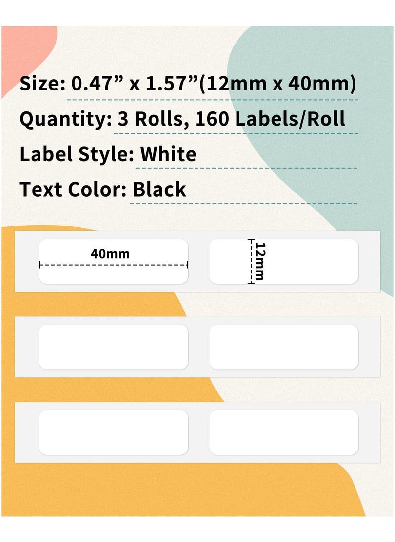 phomemo - 3 Rolls Multi-Purpose Square Self-Adhesive Label for D30/ Q30S Label Printer, 12x40mm, 160 Labels/Roll (White) - Image 1